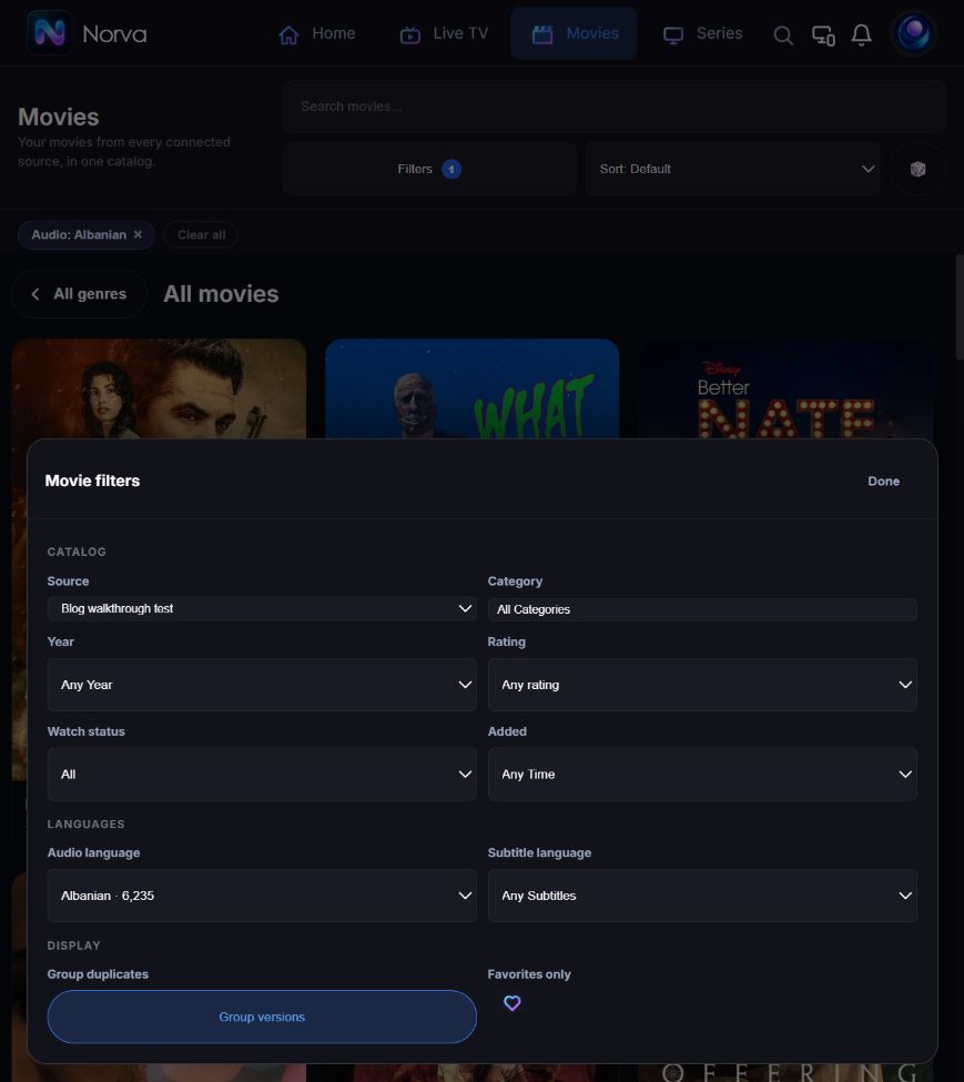 مرشحات Movies في Norva تعرض مصدر الاختبار وAll Categories واختيار Albanian ضمن Audio language.