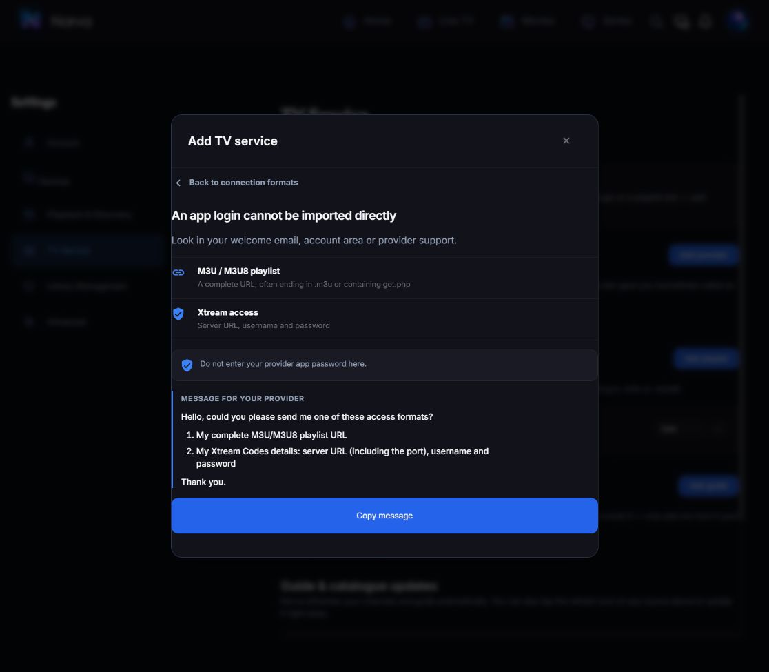 Panel ng tulong ng Norva na nagpapaliwanag na kailangan ng compatible na detalye ng source bago maikonekta ang login sa app.