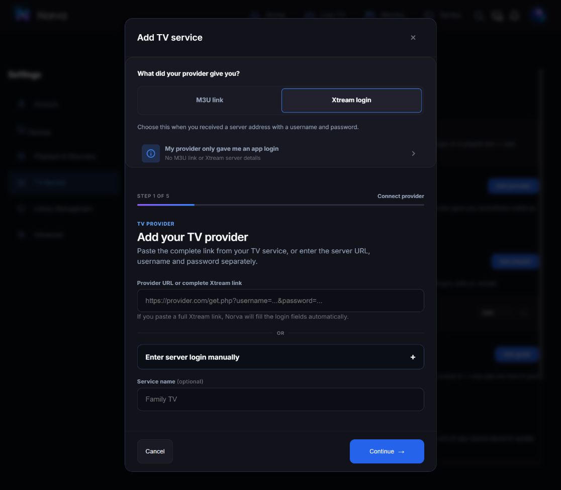 Xtream connection form ng Norva na nagpapakita ng unang hakbang sa koneksiyon at mga opsyon para sa buong link o manu-manong detalye ng server.