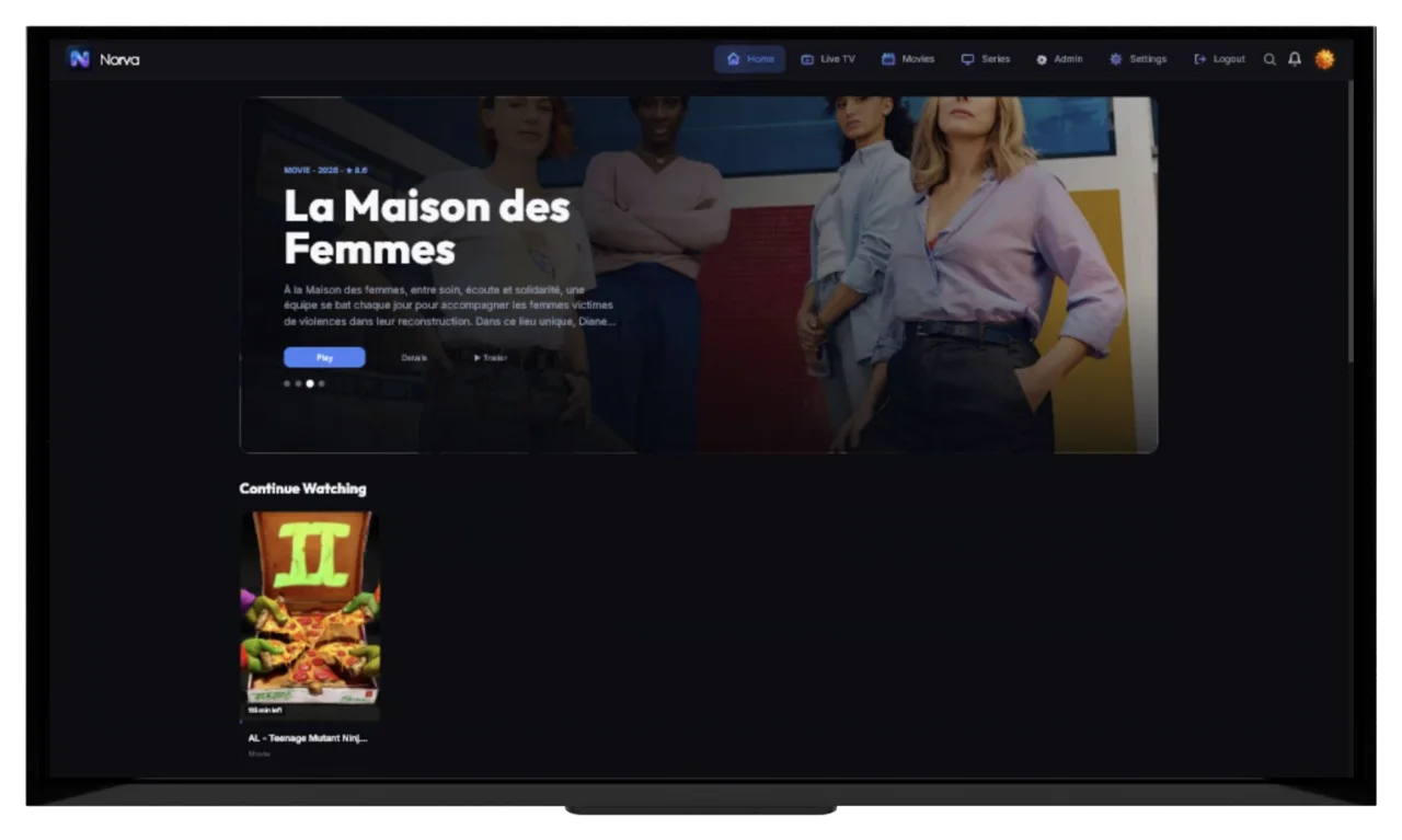 Norva media library interface displayed on a television