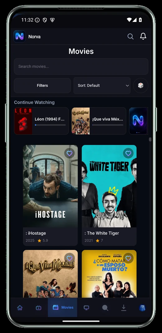 The same Continue Watching row on Norva Android mobile
